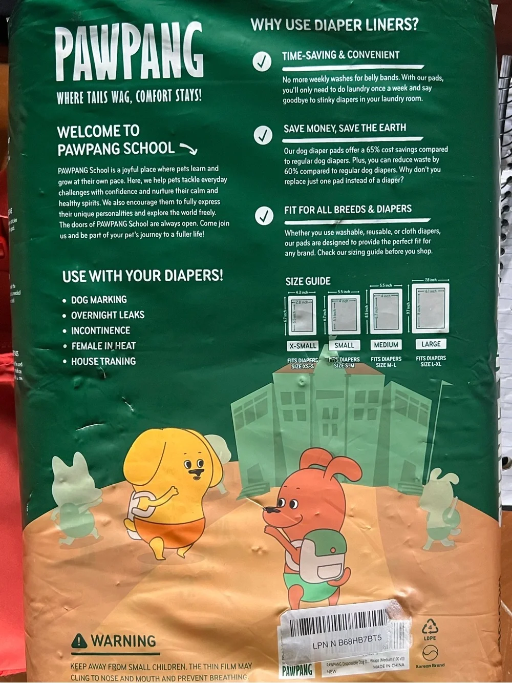 PAWPANG Dog Diaper Liners for Male & Female Dogs Size Medium M 100 ct